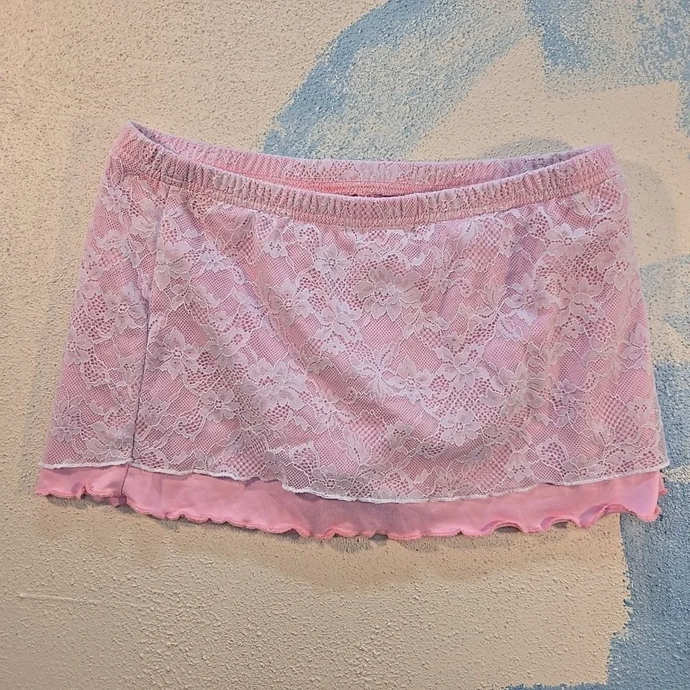 VTG Womens S Pink Lace Overlay Ruffle Trim Mini Skirt Babydoll Coquette Rave Y2K
